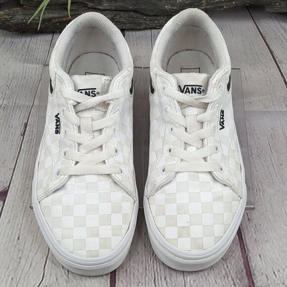 Vans® Seldan White on White Checkerboard Skate Shoes Sneakers - Picture 2 of 7